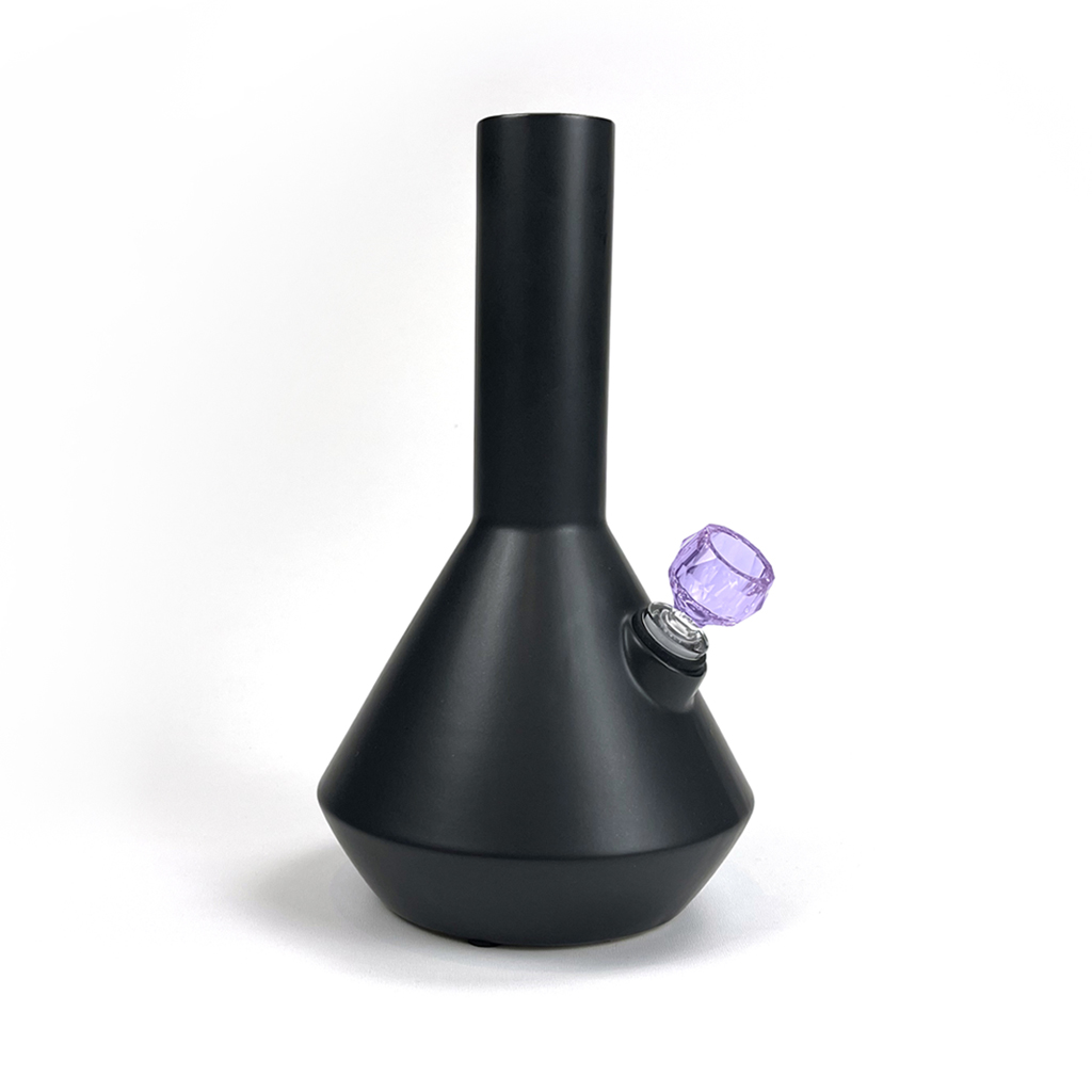 Altai ceramic bong in charcoal finish with Schott spherical faceted borosilicate bong bowl in amethyst by Zoot Stoneware.