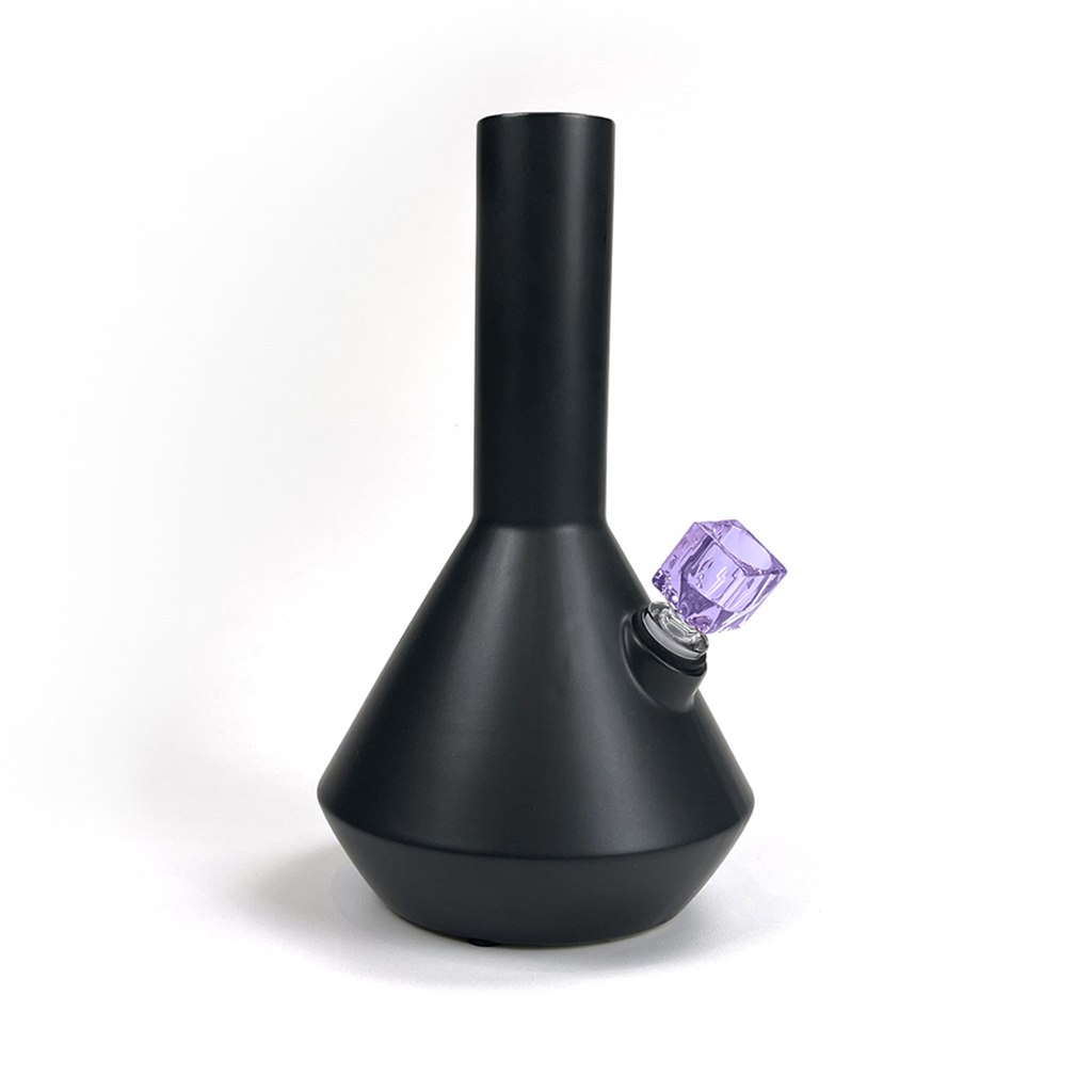 Altai ceramic bong in charcoal finish with Vera Square faceted borosilicate bong bowl in amethyst by Zoot Stoneware.