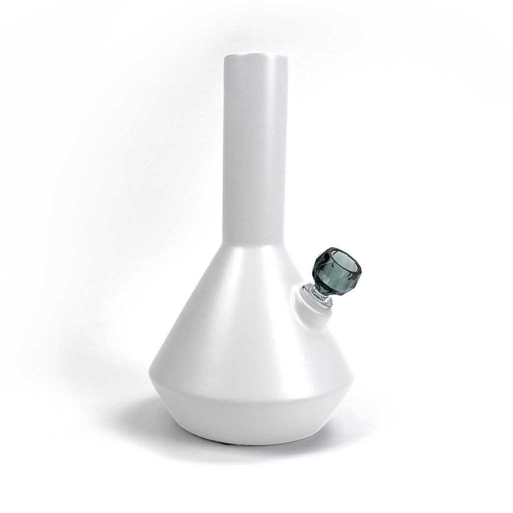 Altai ceramic bong in linen finish with Schott spherical faceted borosilicate bong bowl in smoke by Zoot Stoneware.