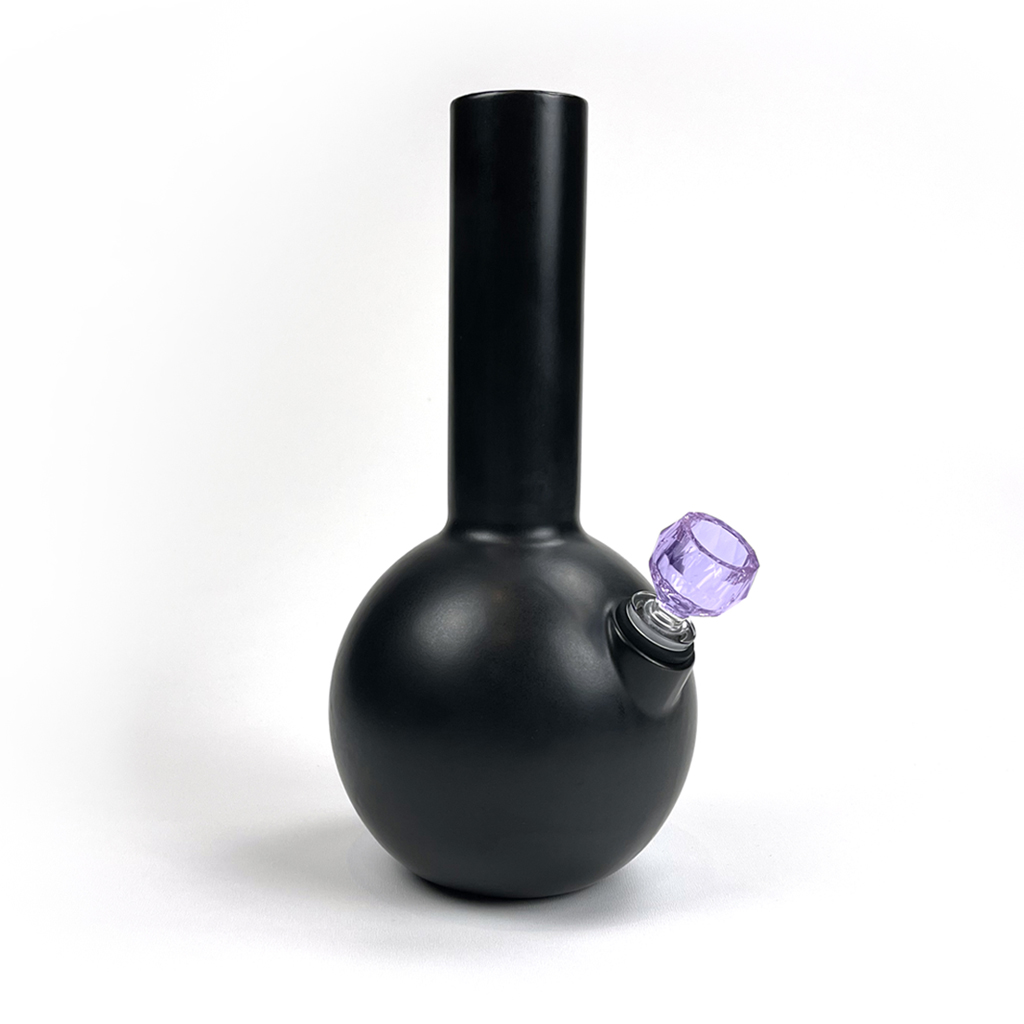 Pamir ceramic bong in charcoal finish with Schott spherical faceted borosilicate bong bowl in amethyst by Zoot Stoneware.