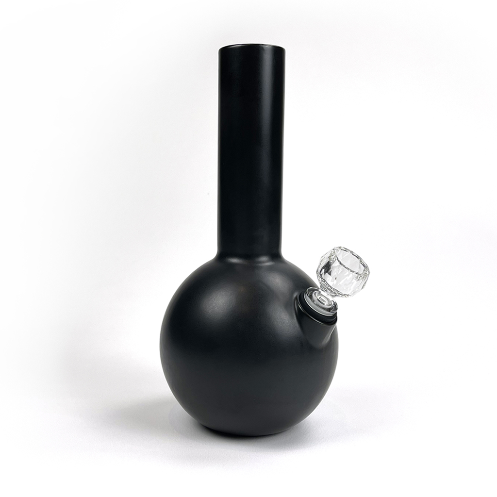 Pamir ceramic bong in charcoal finish with Schott spherical faceted borosilicate bong bowl in crystal by Zoot Stoneware.