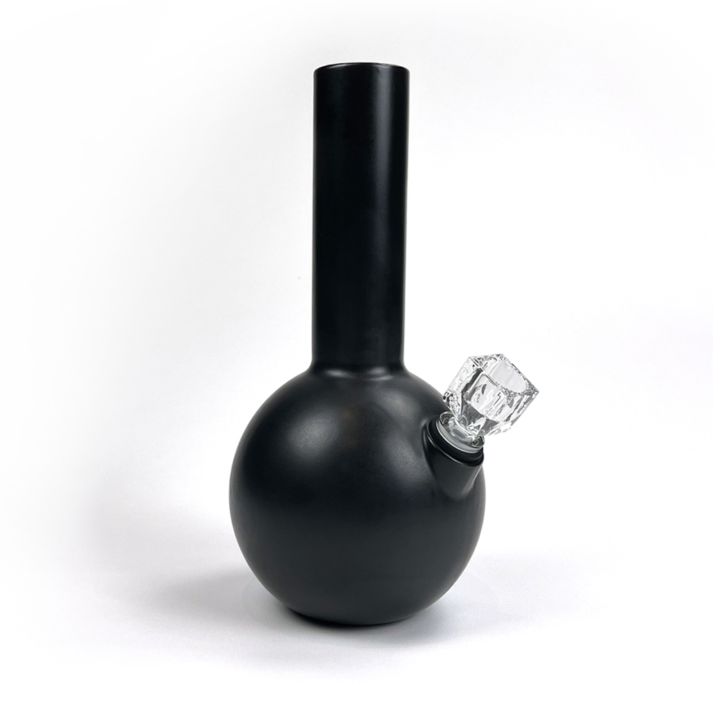 Pamir ceramic bong in charcoal finish with Vera square faceted borosilicate bong bowl in crystal by Zoot Stoneware.