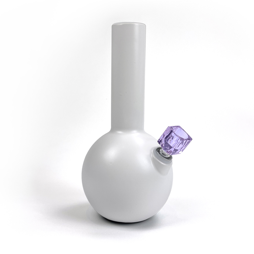 Pamir ceramic bong in linen finish with Vera square faceted borosilicate bong bowl in amethyst by Zoot Stoneware.