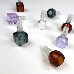 Array of faceted borosilicate bong bowls with 14mm glass joints by Zoot Stoneware.