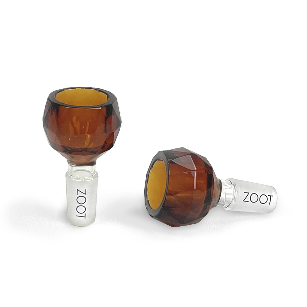 Schott spherical faceted borosilicate bong bowl in amber with 14mm glass joint by Zoot Stoneware.