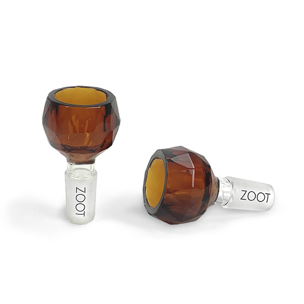 Schott spherical faceted borosilicate bong bowl in amber with 14mm glass joint by Zoot Stoneware.